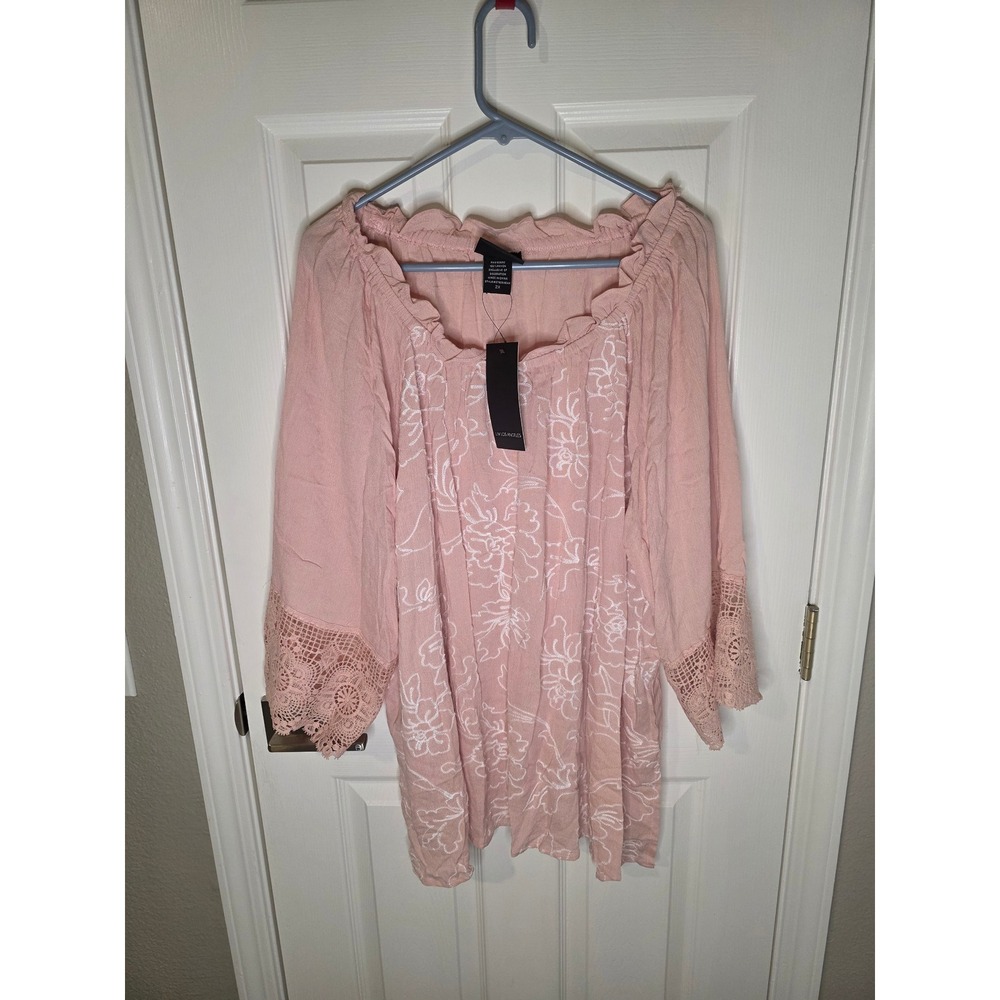 Liv Los Angeles Womens 2X Pink Floral Embroidered Crochet Lace Tunic Top NWT
